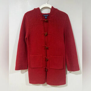 Lands end wool hooded red cardigan womens medium SMALL HOLES